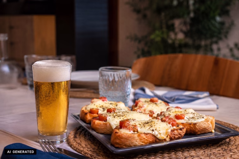 Bruschette con mozzarella e hummus di verdure: l’abbinamento con la lager analcolica da provare all’aperitivo 1 0.0 e bruschetta AI