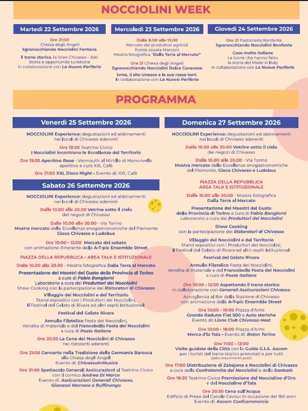 Festa dei Nocciolini 2026, Chivasso tra treno storico, showcooking e Cena sull’Acqua, 22-27 settembre 2026 1 Festa dei Nocciolini 2026, Chivasso tra treno storico, showcooking e Cena sull’Acqua, 22-27 settembre 2026