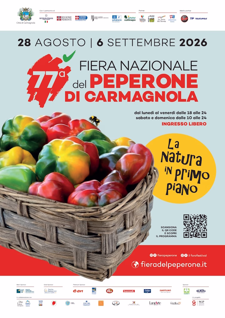 Dieci giorni tra agricoltura, cucina e grandi sfide – 77ª Fiera Nazionale del Peperone di Carmagnola, dal 28 agosto al 6 settembre 2026 1 Manifesto - 77 Fiera Nazionale del Peperone - 2026