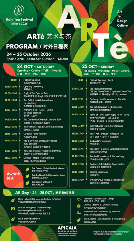 Italy Tea Festival 2026, a Sesto San Giovanni due giorni tra degustazioni, arte e cultura asiatica il 24 e 25 ottobre 1 APICAIA - Italy Tea Festival